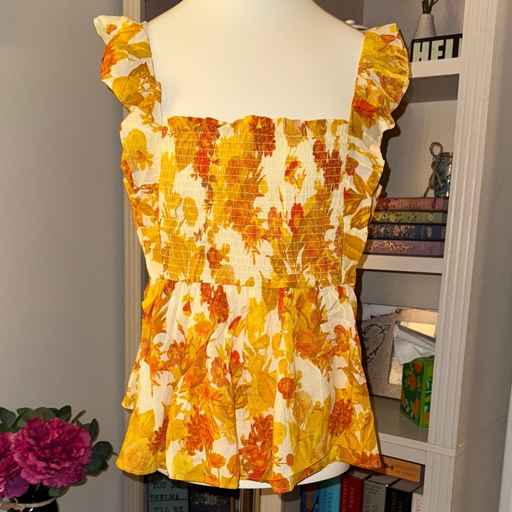 Floral Ruffle Smocked Top - Yellow and Orange